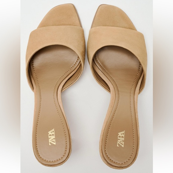 ZARA SUEDE BLOCK HEEL SLIDES HEELS MULES 9 40 TAN BROWN TAUPE 2329/310 - Picture 6 of 14
